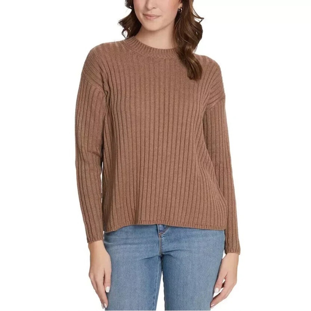 Jessica Simpson Women's Ribbed Crewneck Sweater, brown, M, Knitted Stretchy Top
